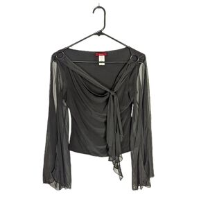 Vintage 2000s Sheer Long Sleeve Mesh Tie Neck Grunge Goth Indie Sleeze Blouse